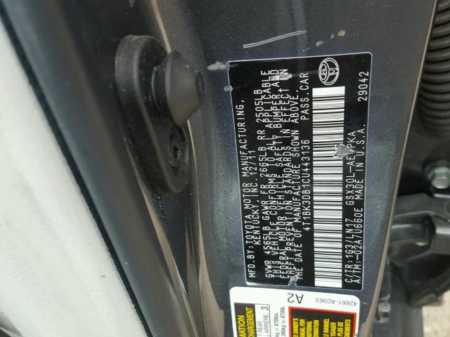 4T1BK3DB1CU443136 - 2012 TOYOTA AVALON BAS GRAY photo 10