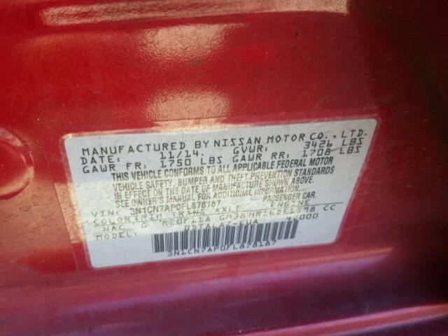 3N1CN7AP0FL878187 - 2015 NISSAN VERSA S RED photo 10