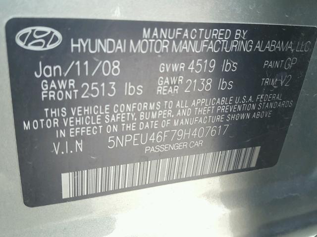 5NPEU46F79H407617 - 2009 HYUNDAI SONATA SE GRAY photo 10