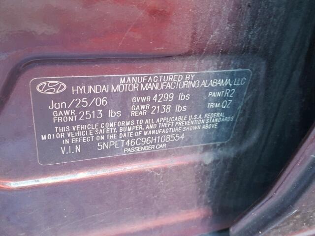 5NPET46C96H108554 - 2006 HYUNDAI SONATA GL MAROON photo 10