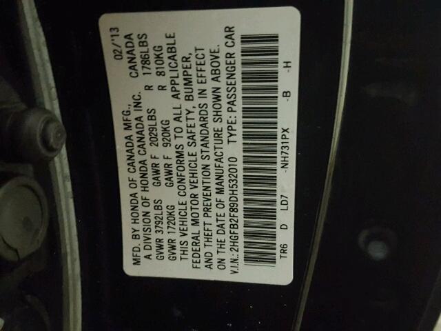 2HGFB2F89DH532010 - 2013 HONDA CIVIC EX BLACK photo 10