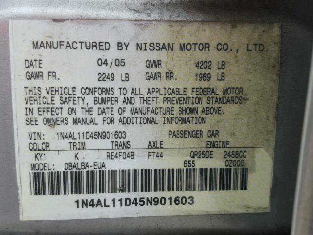 1N4AL11D45N901603 - 2005 NISSAN ALTIMA S SILVER photo 10