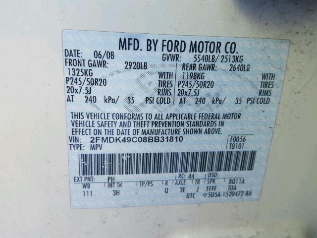 2FMDK49C08BB31810 - 2008 FORD EDGE LIMIT WHITE photo 10