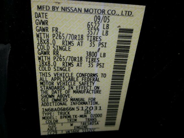 1N6BA06B66N512031 - 2006 NISSAN TITAN XE BLACK photo 10