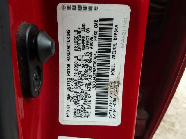 1NXBU40E99Z083641 - 2009 TOYOTA COROLLA BA RED photo 10