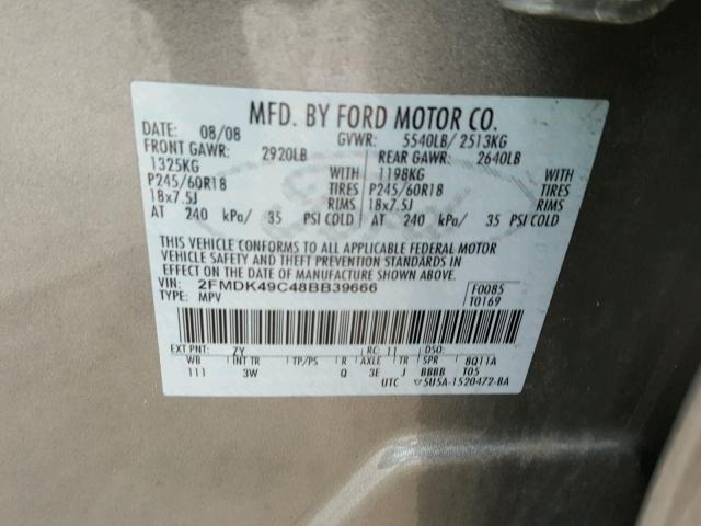 2FMDK49C48BB39666 - 2008 FORD EDGE LIMIT SILVER photo 10