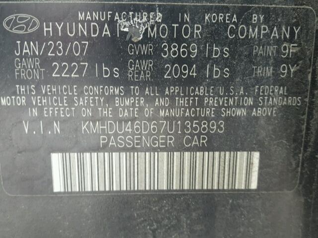 KMHDU46D67U135893 - 2007 HYUNDAI ELANTRA GL BLACK photo 10