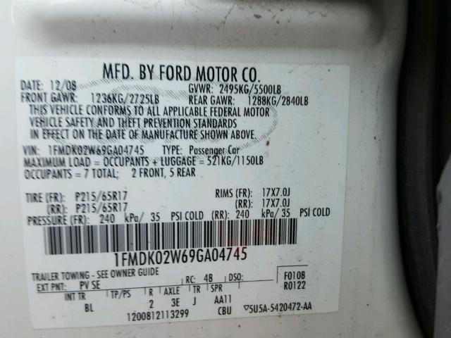 1FMDK02W69GA04745 - 2009 FORD TAURUS X S WHITE photo 10