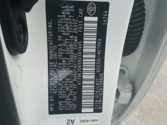 4T1BK3DB6BU391405 - 2011 TOYOTA AVALON BAS Beyaz fotoğraf 10