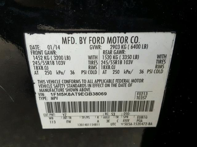 1FM5K8AT9EGB38069 - 2014 FORD EXPLORER P BLACK photo 10