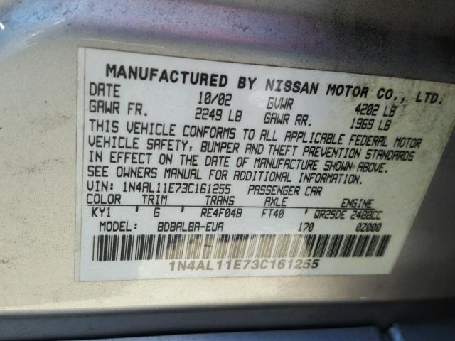 1N4AL11E73C161255 - 2003 NISSAN ALTIMA BAS GRAY photo 10