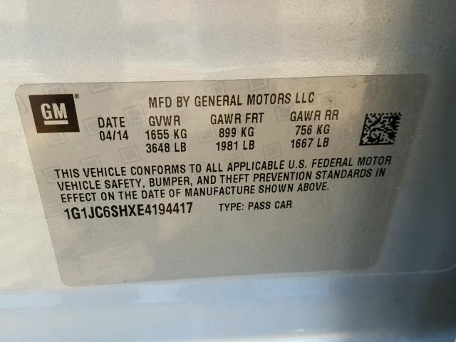 1G1JC6SHXE4194417 - 2014 CHEVROLET SONIC LT SILVER photo 10