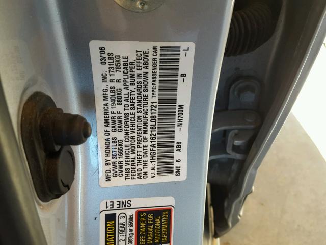 1HGFA16216L081721 - 2006 HONDA CIVIC DX SILVER photo 10