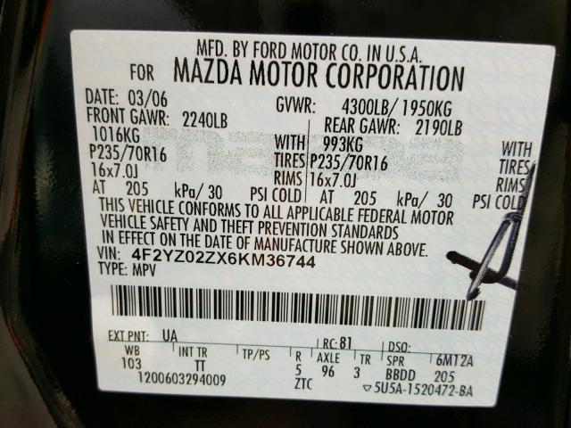 4F2YZ02ZX6KM36744 - 2006 MAZDA TRIBUTE I BLACK photo 10