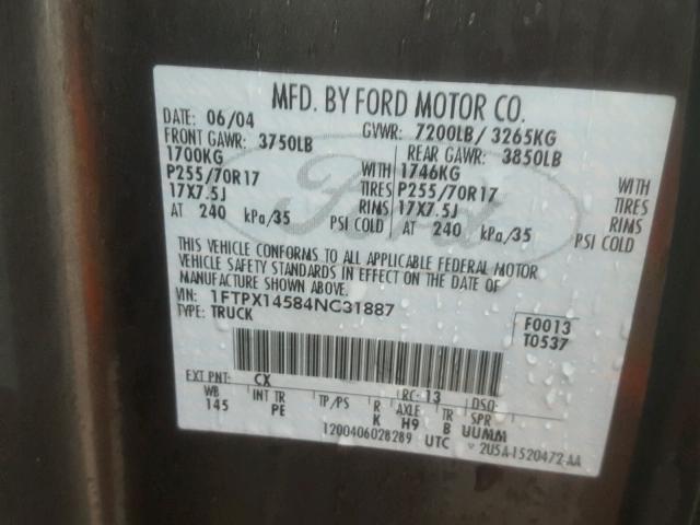 1FTPX14584NC31887 - 2004 FORD F150 GRAY photo 10