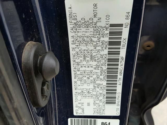 3TMLU42N18M017383 - 2008 TOYOTA TACOMA DOU BLUE photo 10