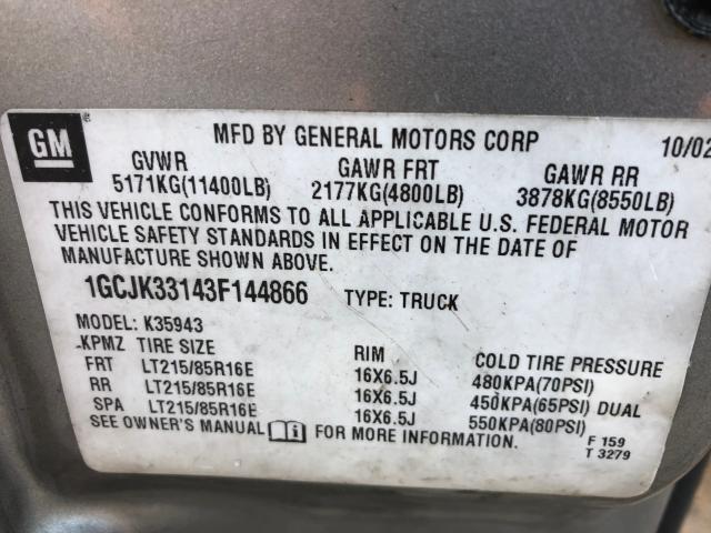 1GCJK33143F144866 - 2003 CHEVROLET SILVERADO GRAY photo 10