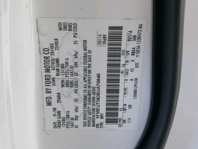 1FMEU73838UA79846 - 2008 FORD EXPLORER X WHITE photo 10