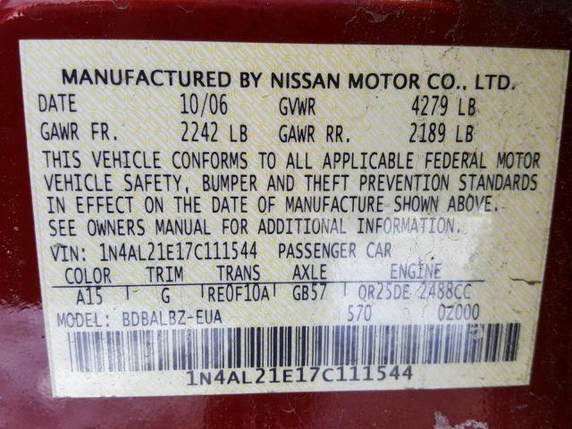 1N4AL21E17C111544 - 2007 NISSAN ALTIMA 2.5 BURGUNDY photo 10