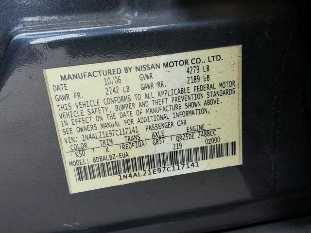 1N4AL21E97C117141 - 2007 NISSAN ALTIMA 2.5 GRAY photo 10