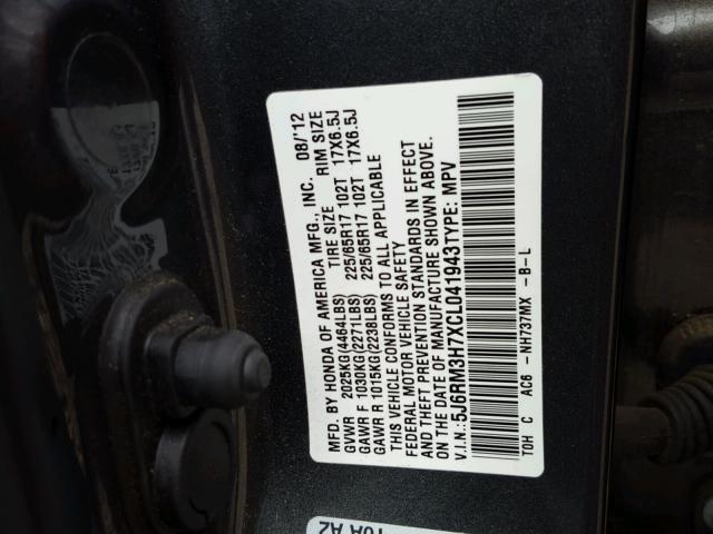 5J6RM3H7XCL041943 - 2012 HONDA CR-V EXL GRAY photo 10