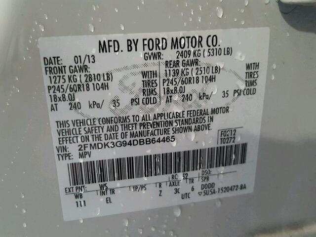 2FMDK3G94DBB64465 - 2013 FORD EDGE SE WHITE photo 10