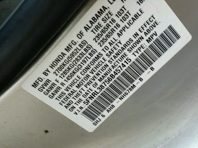 5FNRL38756B457415 - 2006 HONDA ODYSSEY EX SILVER photo 10