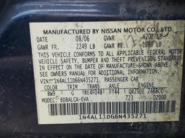 1N4AL11D66N435271 - 2006 NISSAN ALTIMA S BLUE photo 10