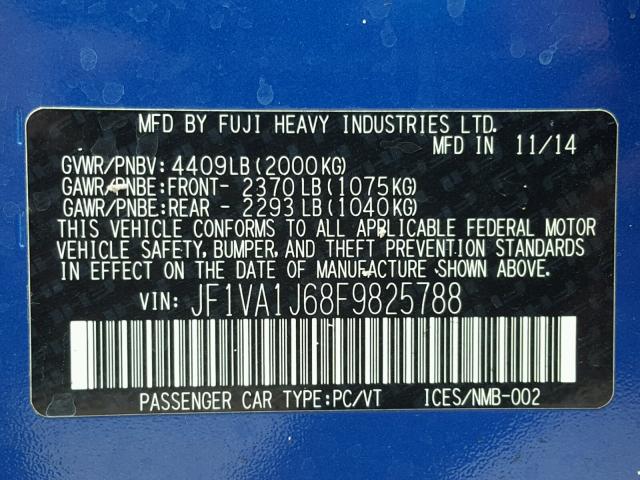 JF1VA1J68F9825788 - 2015 SUBARU WRX LIMITE BLUE photo 10