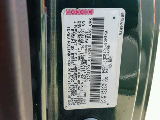 JTDAT123110174363 - 2001 TOYOTA ECHO GREEN photo 10