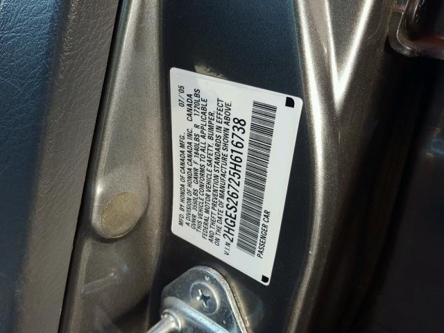 2HGES26725H616738 - 2005 HONDA CIVIC EX ნაცრისფერი ფოტო 10