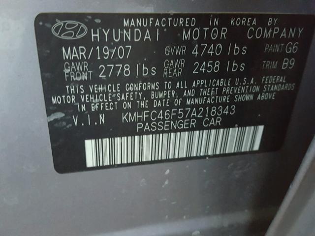 KMHFC46F57A218343 - 2007 HYUNDAI AZERA SE GRAY photo 10