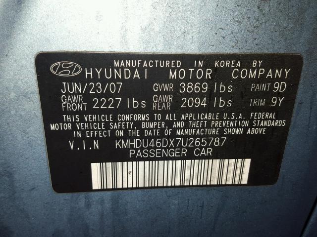 KMHDU46DX7U265787 - 2007 HYUNDAI ELANTRA GL BLUE photo 10