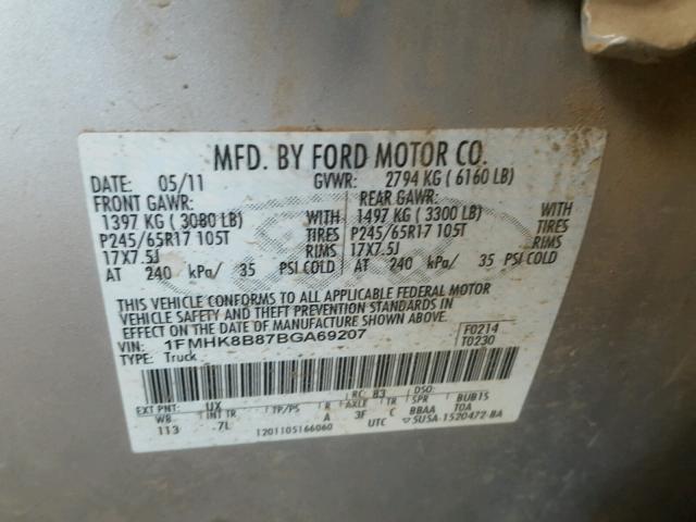 1FMHK8B87BGA69207 - 2011 FORD EXPLORER SILVER photo 10