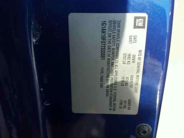 1G1AK18F077333581 - 2007 CHEVROLET COBALT LS BLUE photo 10