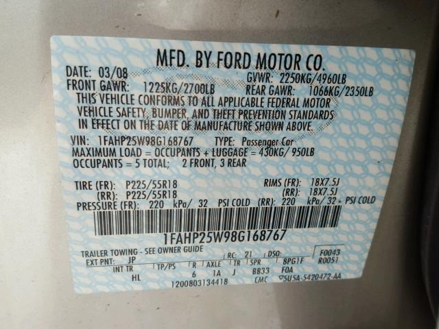 1FAHP25W98G168767 - 2008 FORD TAURUS LIM SILVER photo 10