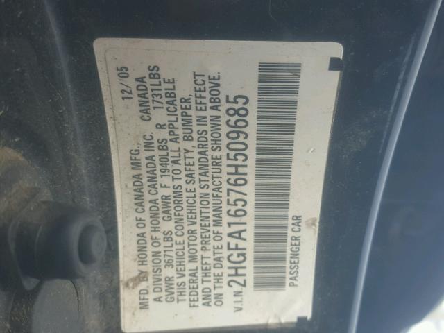 2HGFA16576H509685 - 2006 HONDA CIVIC LX BLACK photo 10