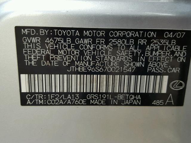 JTHBE96S670021547 - 2007 LEXUS GS 350 SILVER photo 10