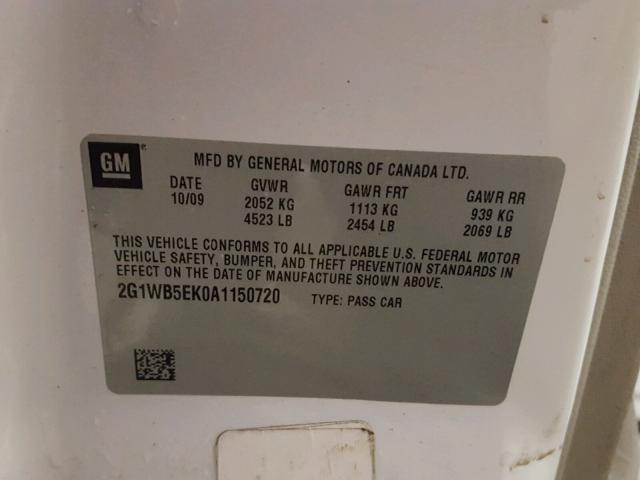 2G1WB5EK0A1150720 - 2010 CHEVROLET IMPALA LT WHITE photo 10