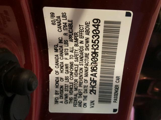 2HGFA16809H353049 - 2009 HONDA CIVIC EX MAROON photo 10