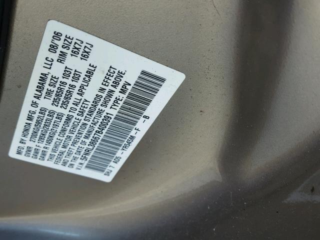 5FNRL38667B400391 - 2007 HONDA ODYSSEY EX GOLD photo 10