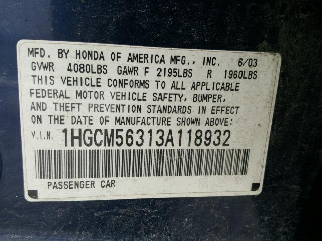 1HGCM56313A118932 - 2003 HONDA ACCORD LX BLUE photo 10