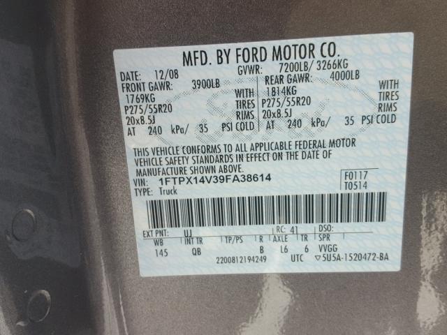 1FTPX14V39FA38614 - 2009 FORD F150 SUPER GRAY photo 10