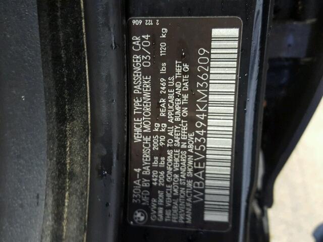 WBAEV53494KM36209 - 2004 BMW 330 I BLACK photo 10