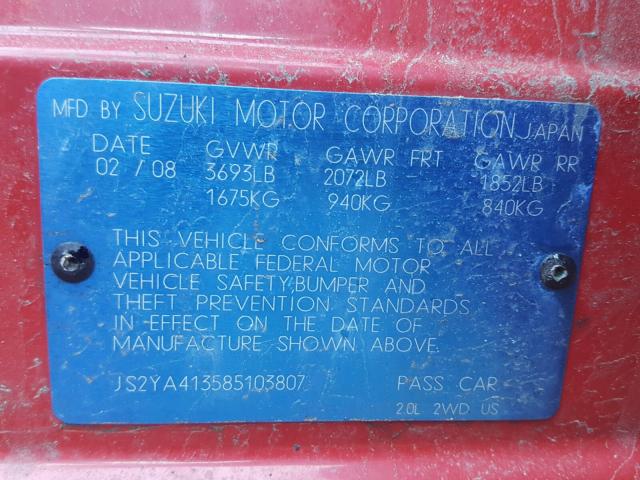 JS2YA413585103807 - 2008 SUZUKI SX4 BASE RED photo 10