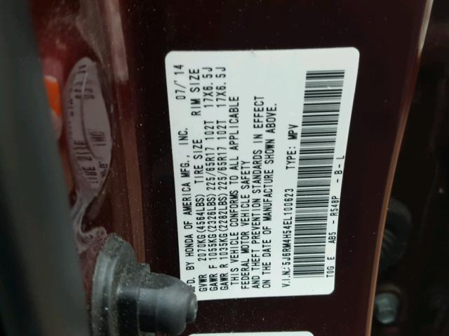 5J6RM4H54EL100623 - 2014 HONDA CR-V EX BURGUNDY photo 10