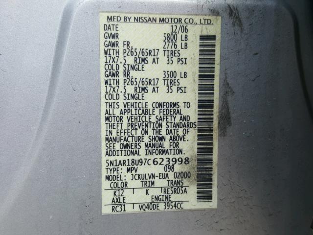 5N1AR18U97C623998 - 2007 NISSAN PATHFINDER SILVER photo 10