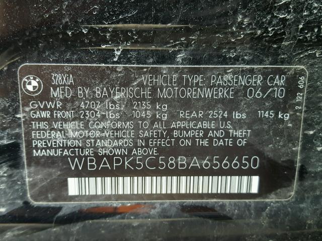 WBAPK5C58BA656650 - 2011 BMW 328 XI SUL BLACK photo 10
