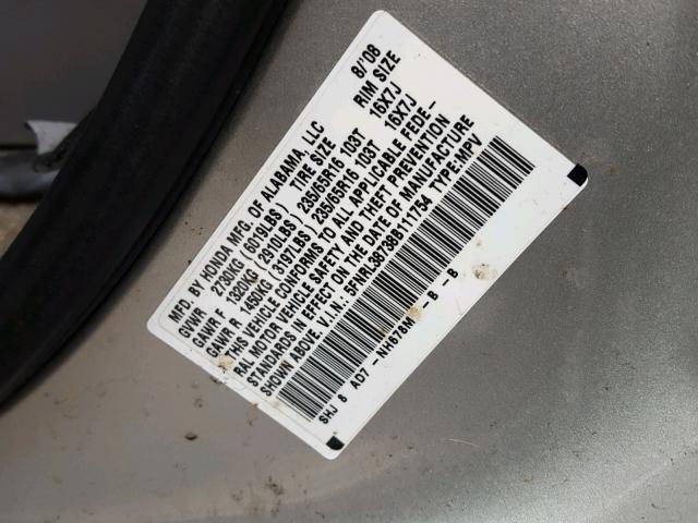 5FNRL38738B111754 - 2008 HONDA ODYSSEY EX SILVER photo 10