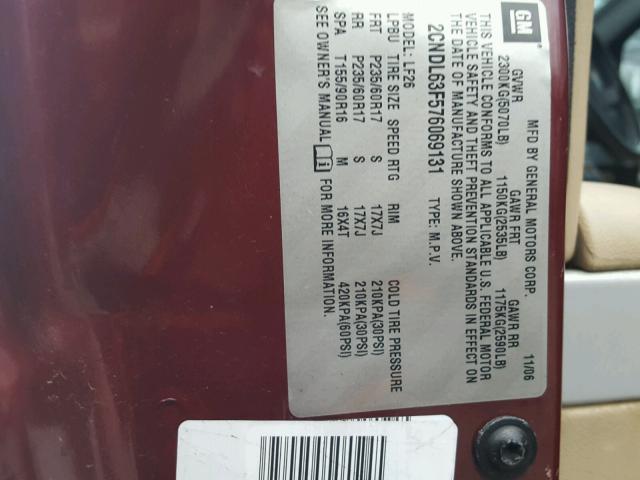 2CNDL63F576069131 - 2007 CHEVROLET EQUINOX LT BURGUNDY photo 10